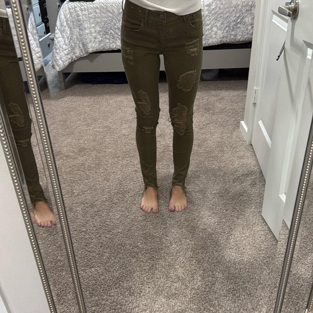 Express olive ripped skinny jeans